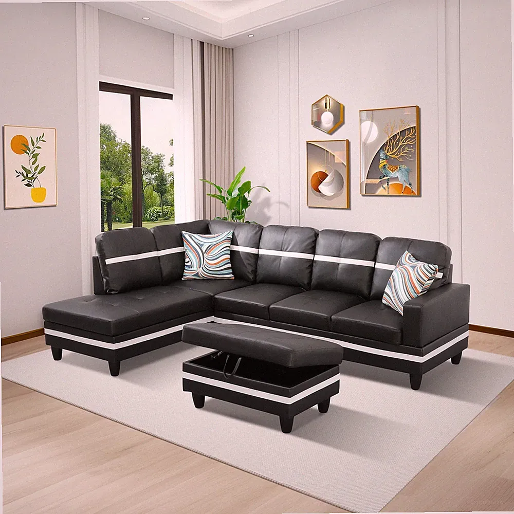 Black & White Semi PU Faux Leather 3PC Sofa Set Modern Living Room Couch Furnitu