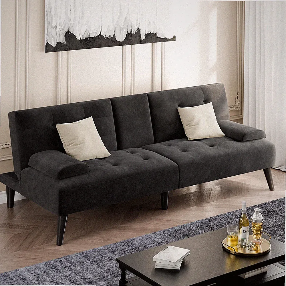 Black1 64 Inch Velvet Futon Sofa Bed With Removable Armrests And Cup Holders