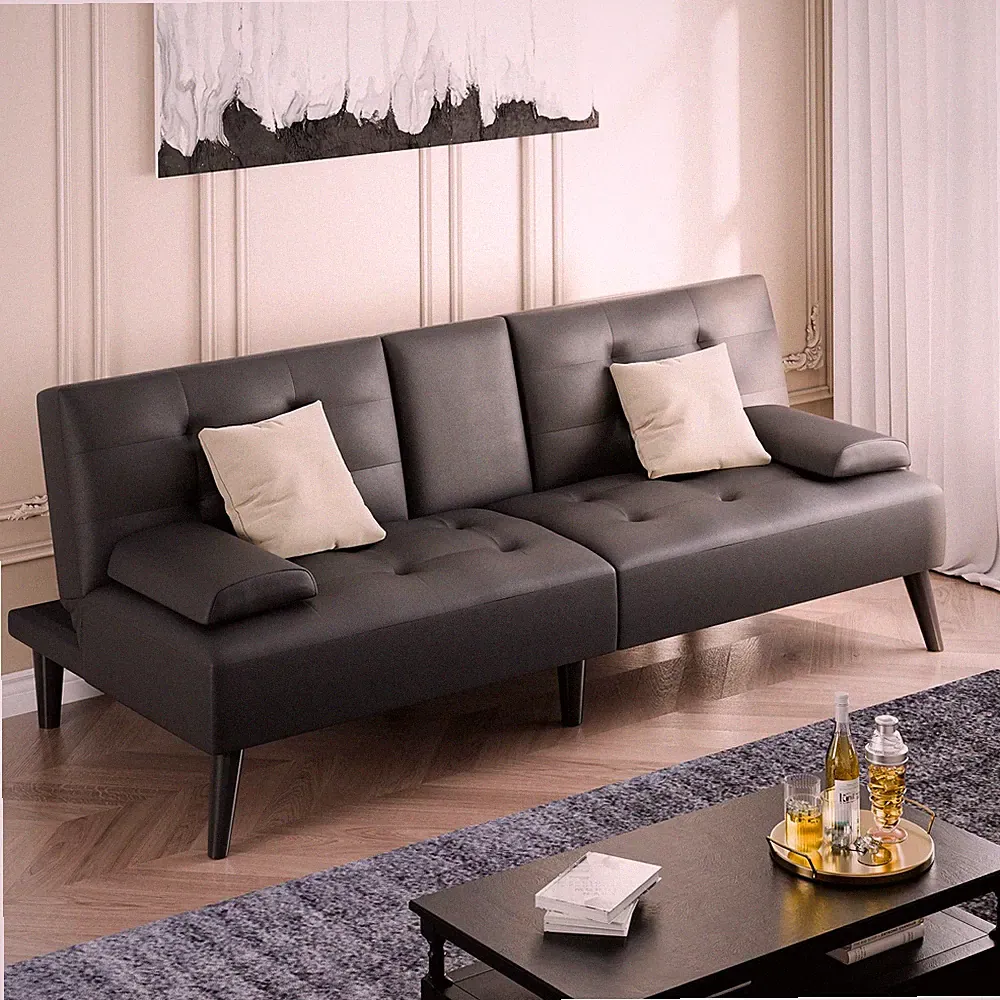 Black2 64 Inch Futon Sofa Bed With Removable Armrests And Cup Holders