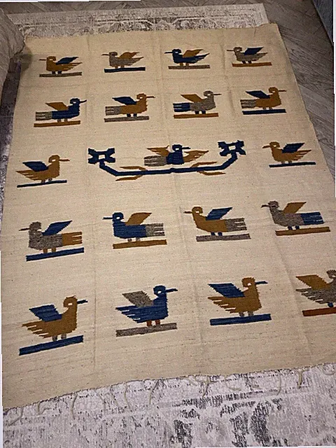 Blanket Momostenango Guatemalan Wool Rug Mayan Bird Folk Art 83"x67" Neutral