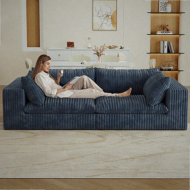 Blue 2-Seat Modular Fabric Sofa Feather Cushions Versatile Design Free Ship