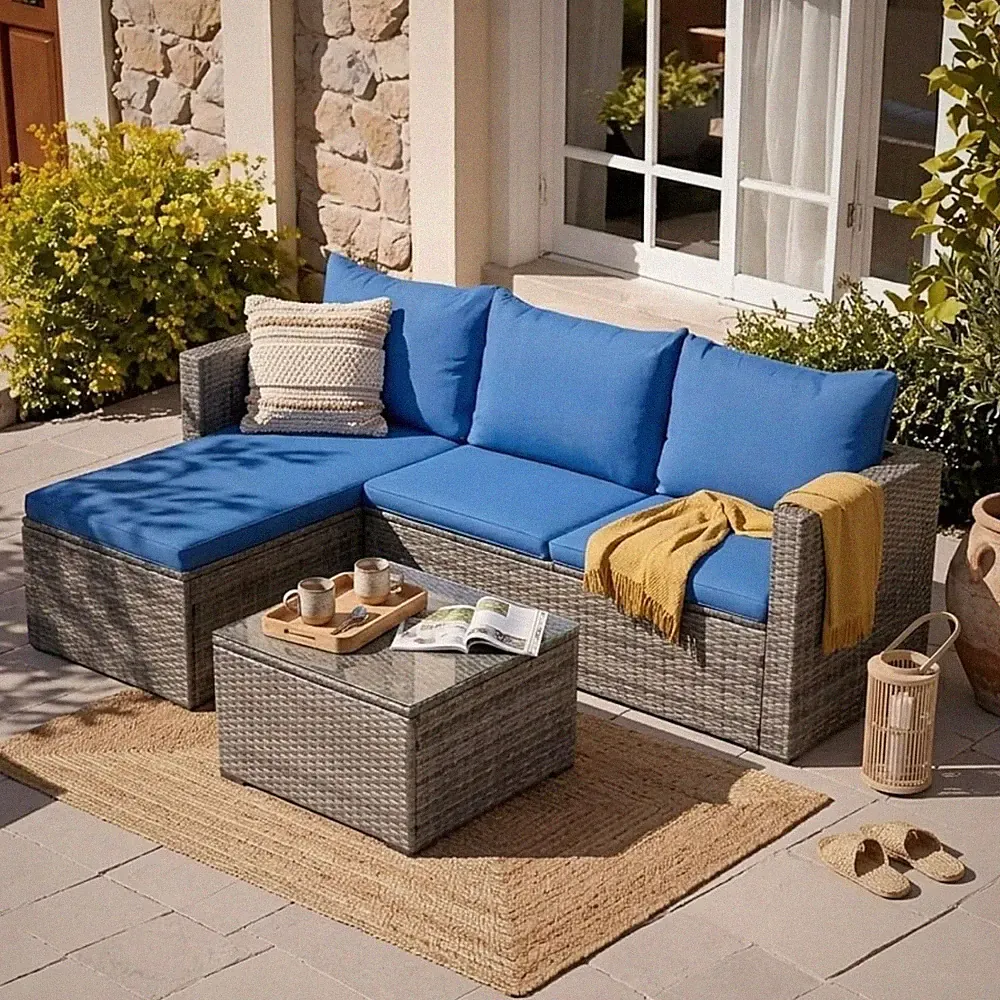 Blue 3-Piece Outdoor Sectional Sofa Set with Glass Table & Thick Cushions