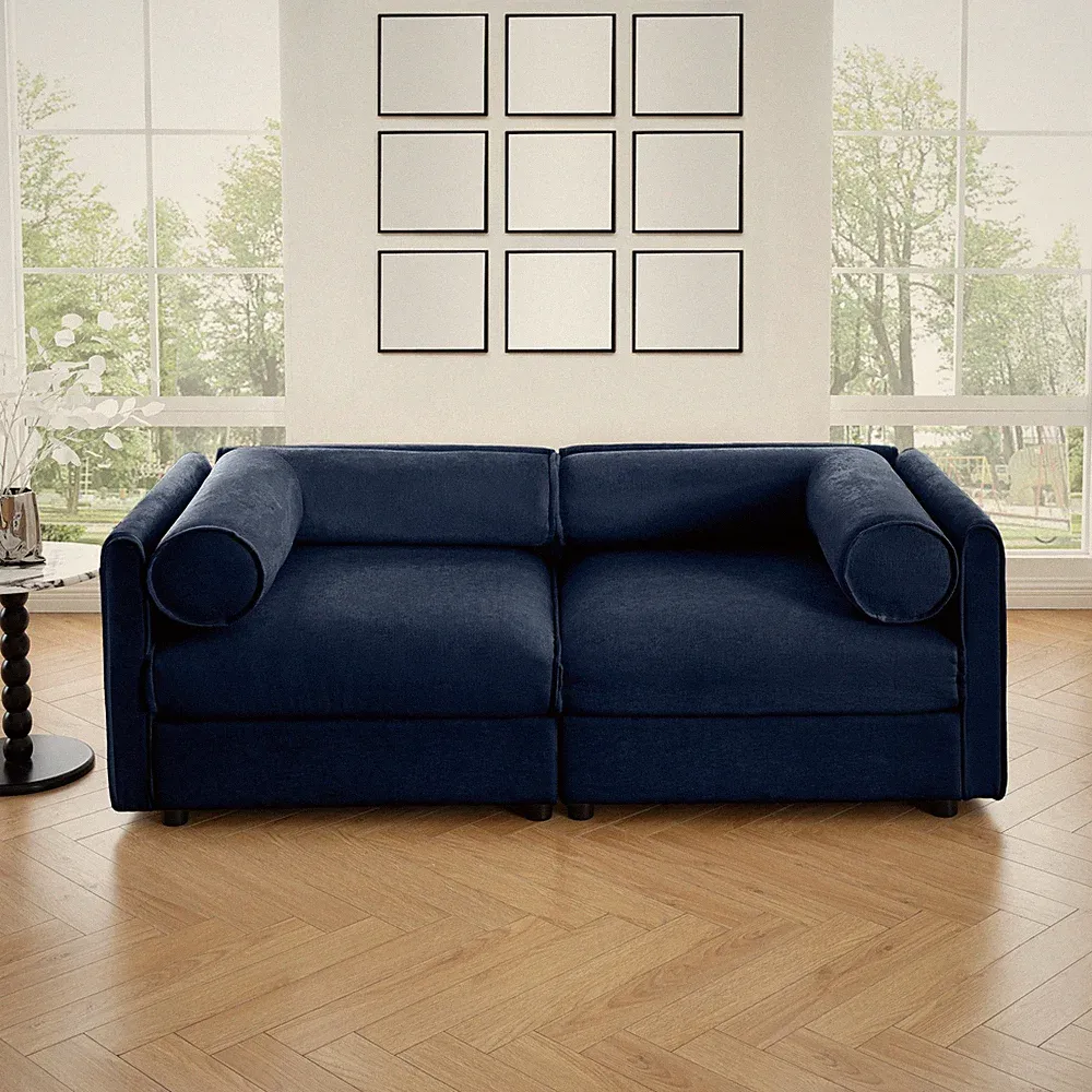 Blue Chenille 2-Seater Sofa with Storage, Cylindrical Backrest Loveseat