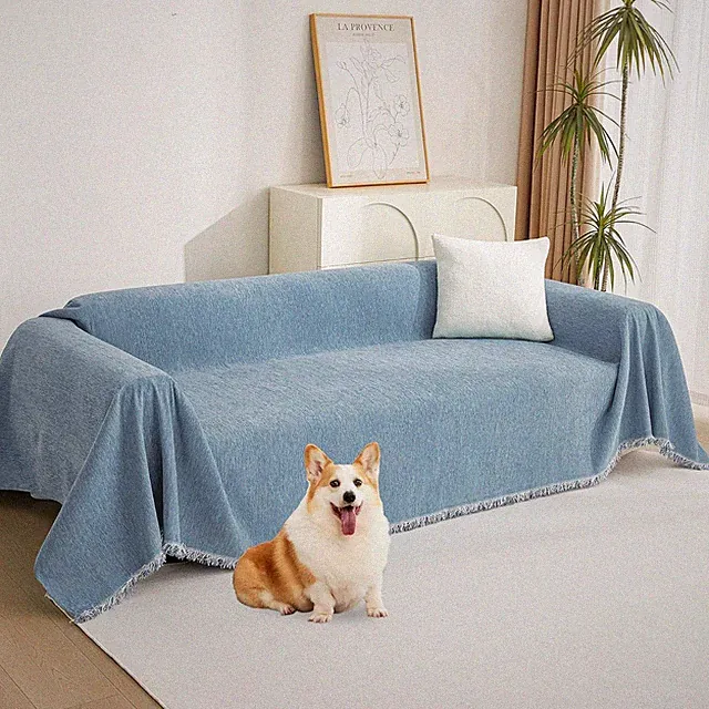 Blue Chenille Loveseat Couch Cover with Tassels - Pet Furniture Protector 91"x11