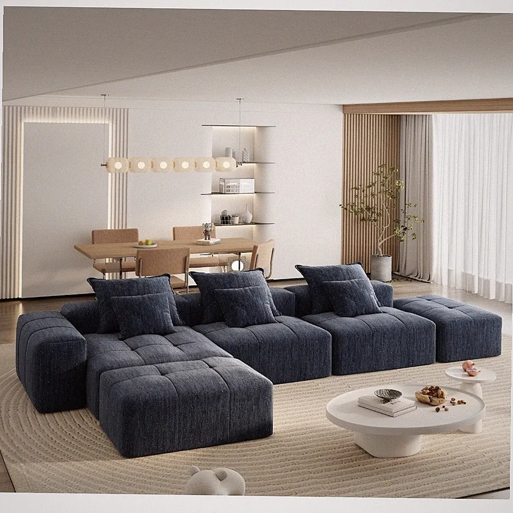 Blue Chenille Modular 5-Seat Tufted Sectional Sofa, No Assembly