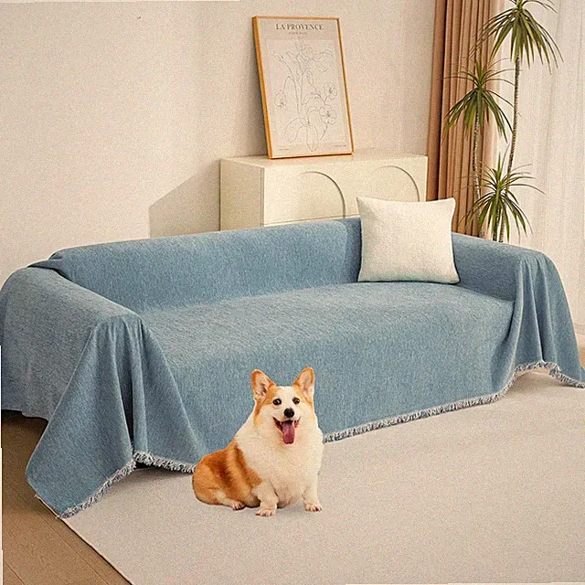 Blue Chenille Sectional Couch Cover with Tassels - Durable Pet Protector 71"x102