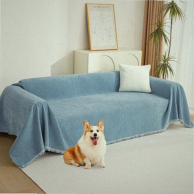 Blue Chenille Sectional Sofa Cover for 3 Cushions with Tassel Edge 91"x134