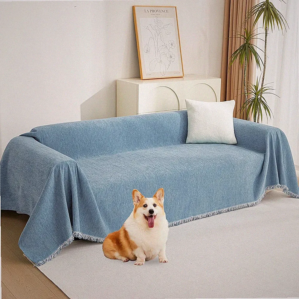 Blue Chenille Sectional Sofa Covers for 3 Cushion Couch, 71" X 134