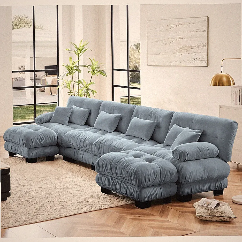 Blue Chenille U-Shape Sectional Sofa with 2 Ottomans, 4-Seater Cloud Couch