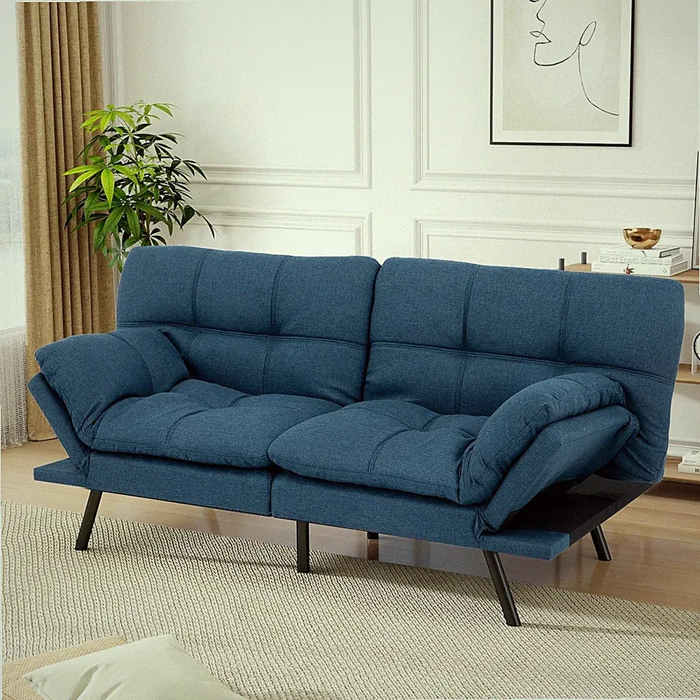 Blue Convertible Futon Sofa Bed with Adjustable Backrest & Armrest, 71
