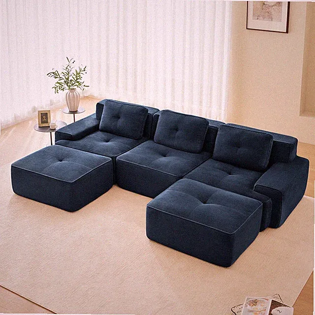 Blue Corduroy 3-Seater Sectional Sofa with Ottoman, No Assembly