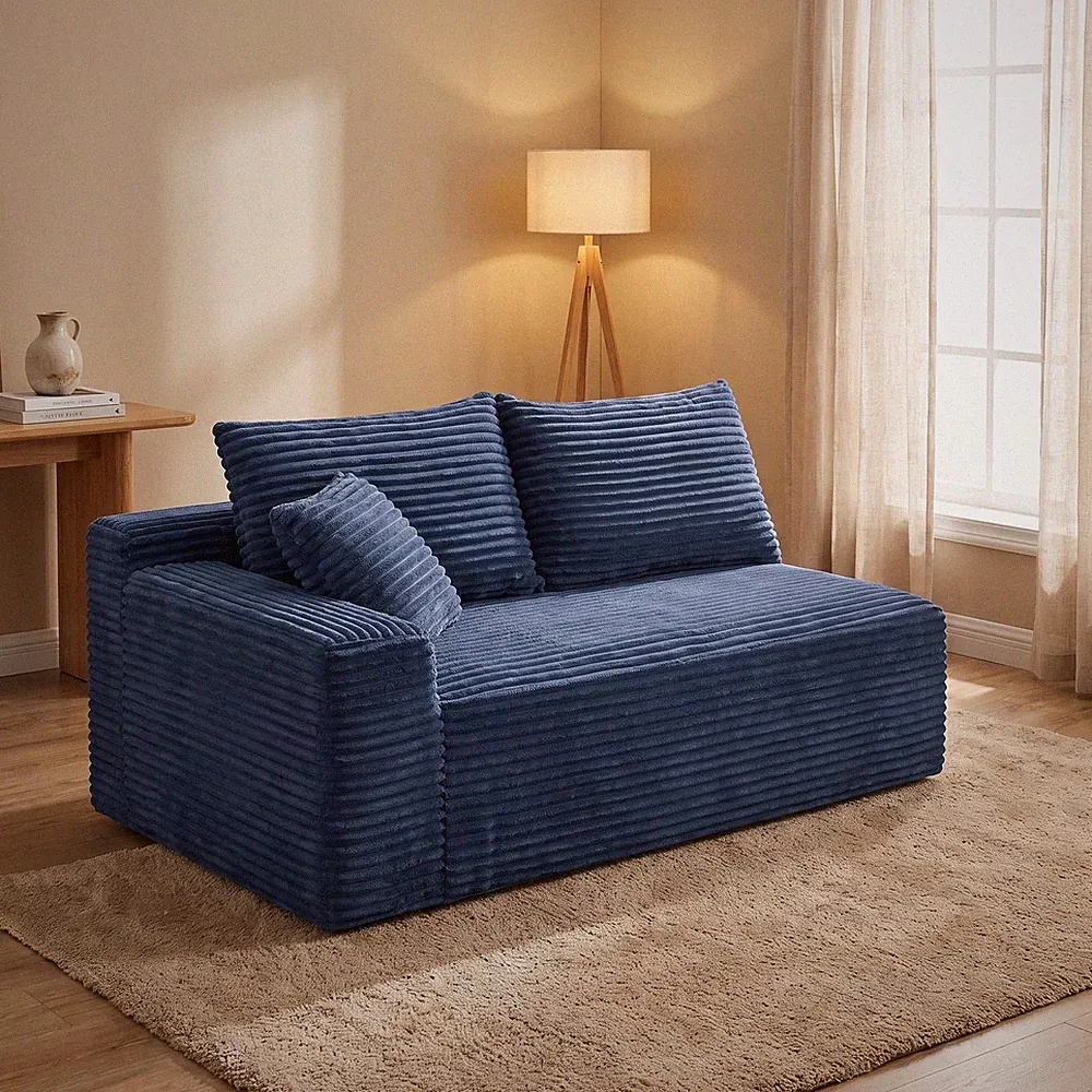 Blue Corduroy Ground-Hugging Compressed Loveseat,Armless No-Legs 2-Seater Sofa f