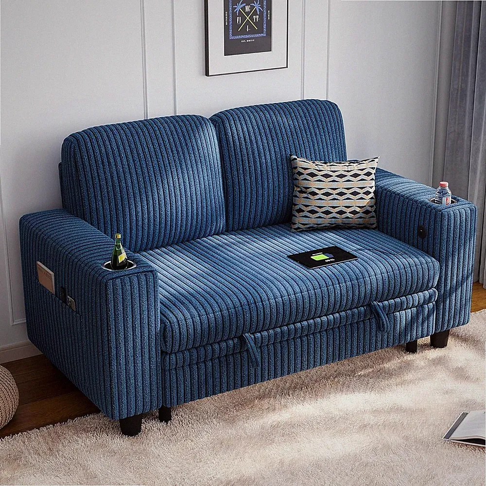 Blue Corduroy Loveseat Sofa with Storage for Small Spaces and Apartments