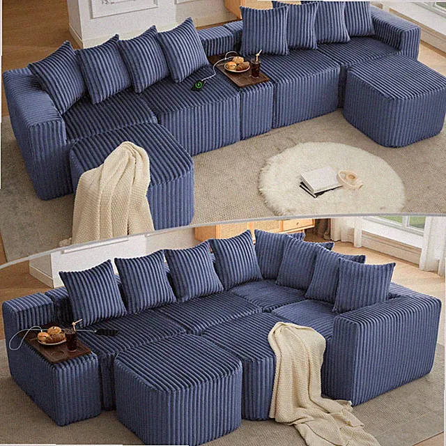 Blue Corduroy Modular Sectional Sofa with USB and Wireless Charging