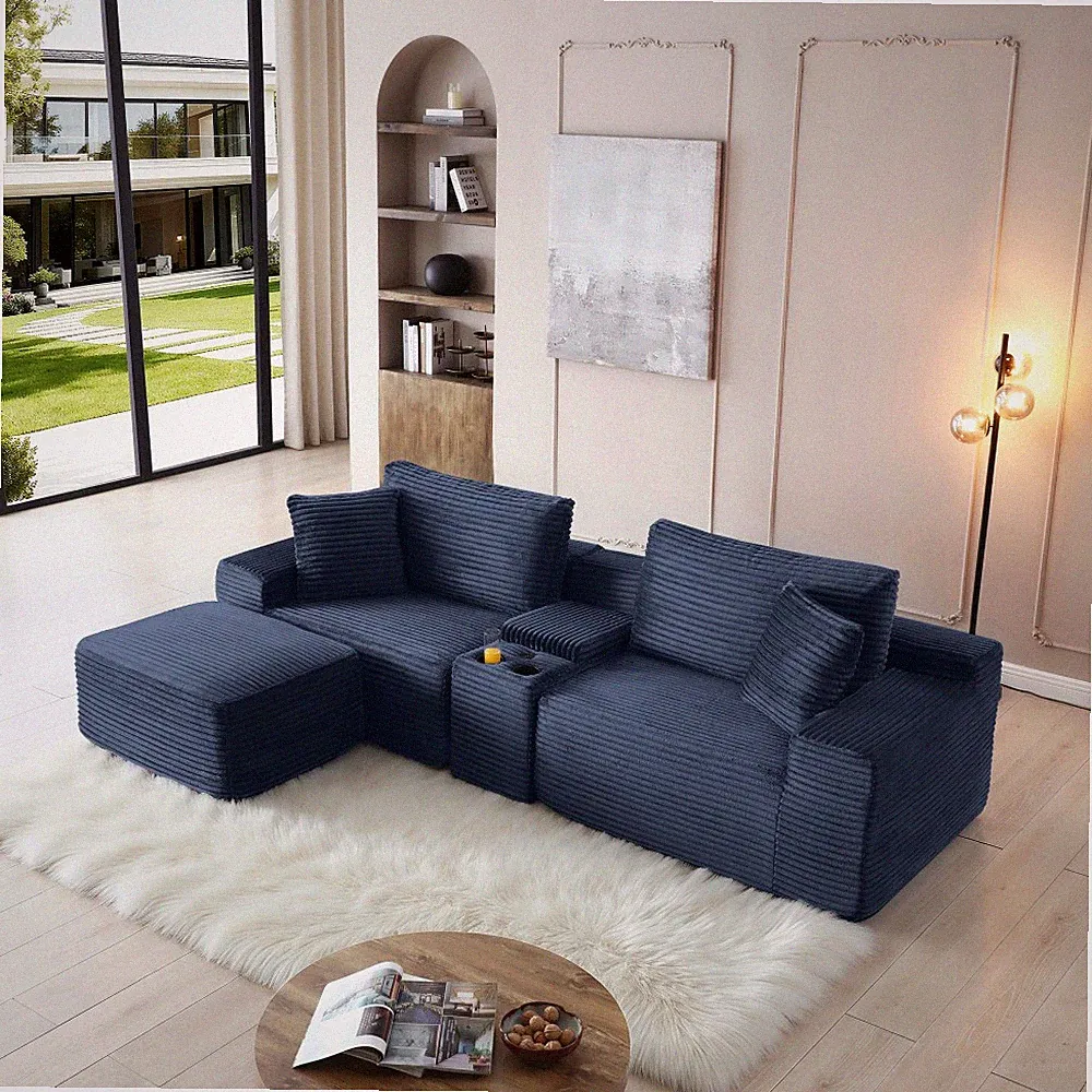 Blue Corduroy Sectional Sofa with Ottoman, Sleeper & USB Storage