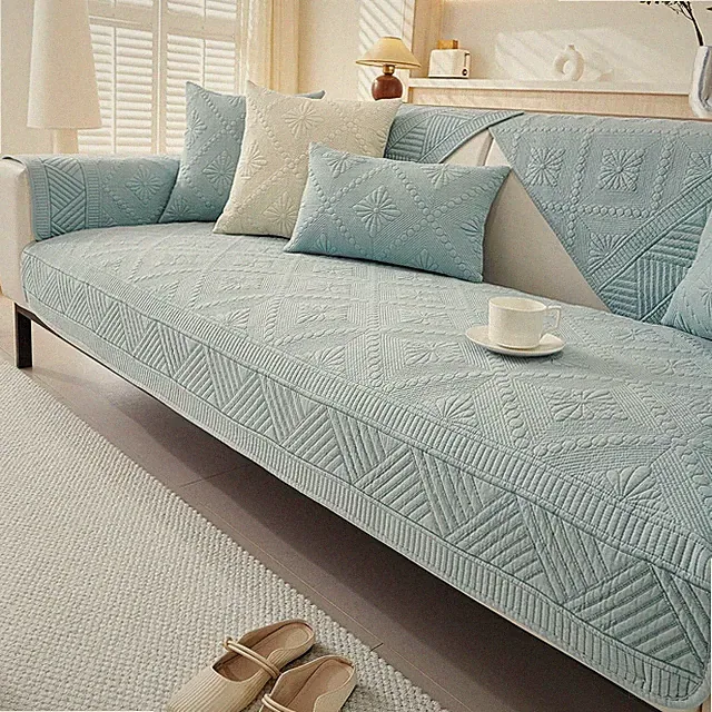 Blue Cotton Quilted Washable Soft Non Slip Rectangular Sofa Cover Couch