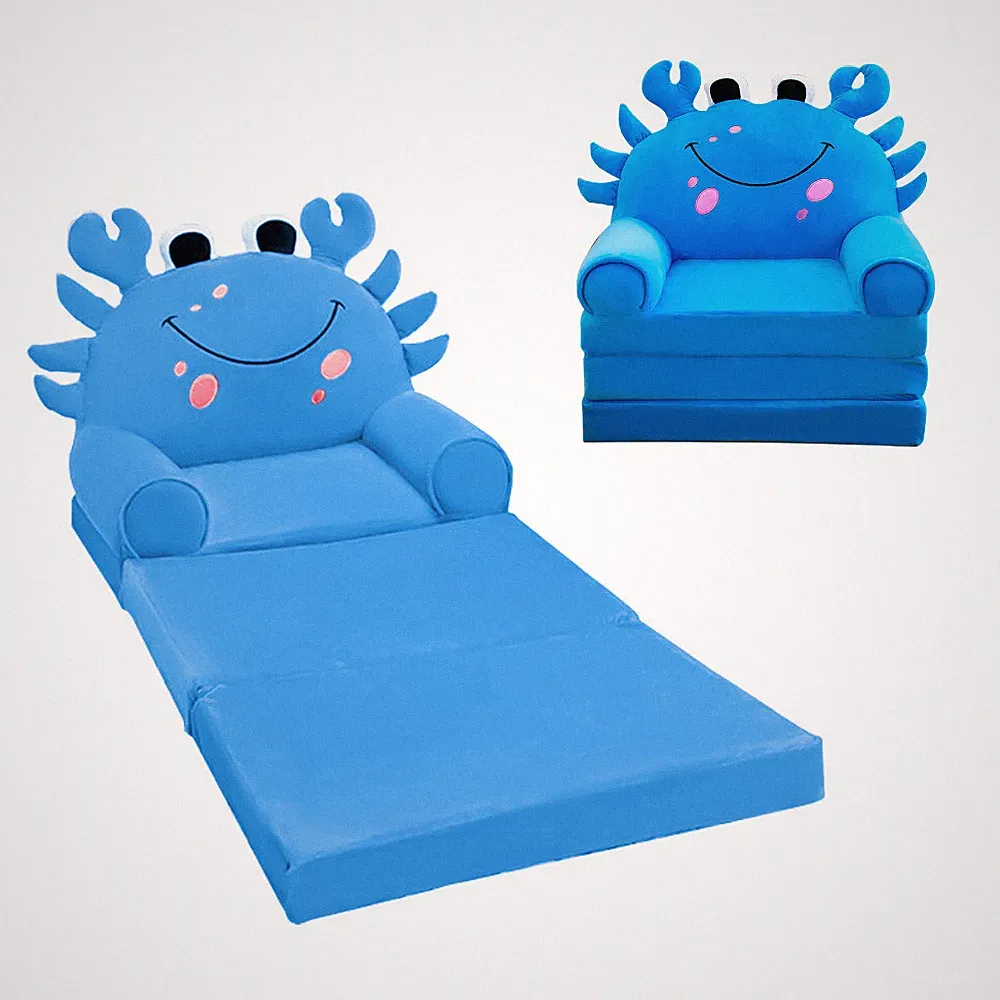 Blue Crab Kids Sofa Bed Foldable Toddler Chair Cozy Crystal Velvet Furniture
