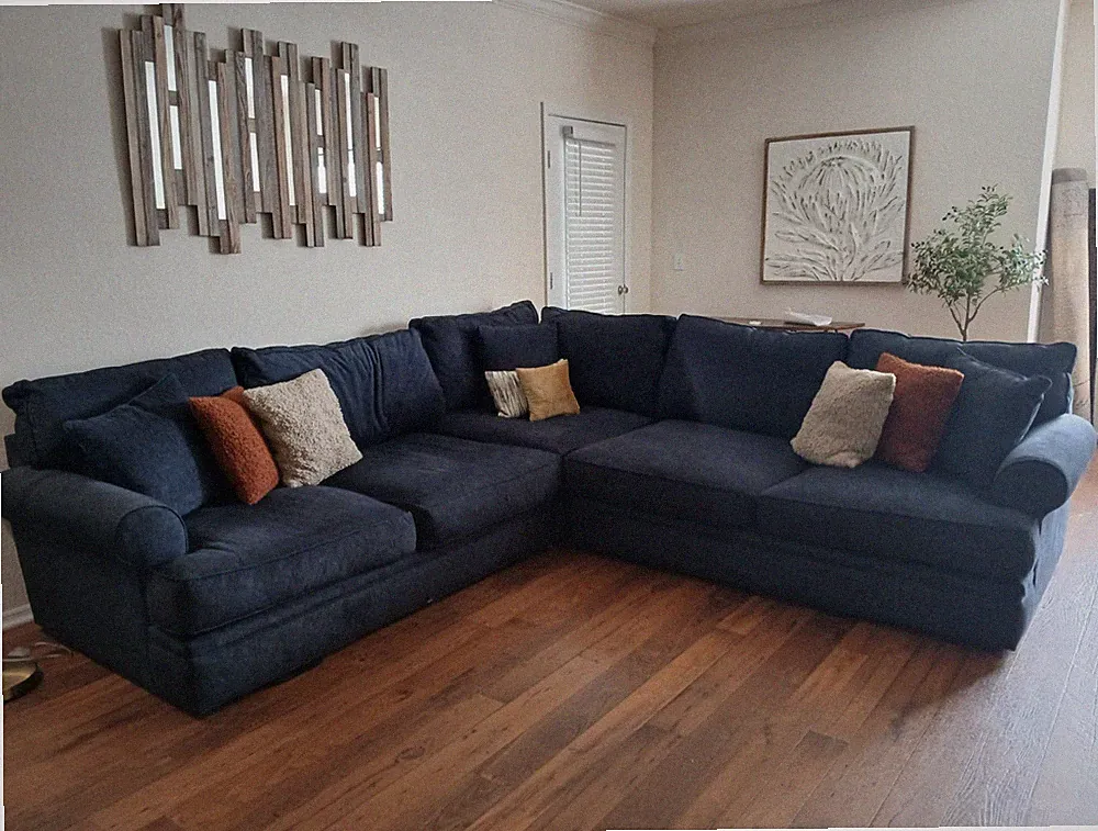 Blue Fabric L-Shaped Sectional Sofa, Rolled Arms, Cushioned Back, Cushions