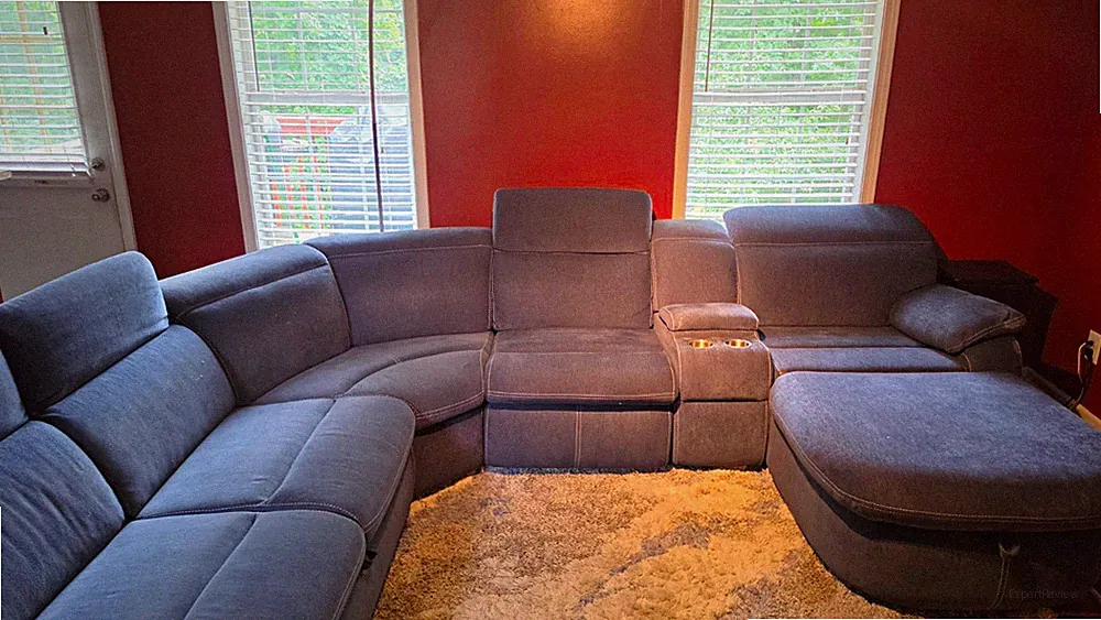 Blue Fabric Reclining Sectional Sofa w/ Chaise, Cup Holders & Storage with Table