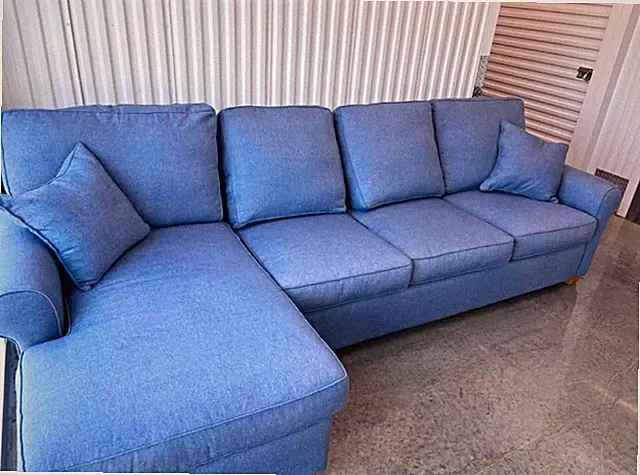 Blue Fabric Sectional Sofa Couch Chaise Rolled Arms Cushion Back Solid