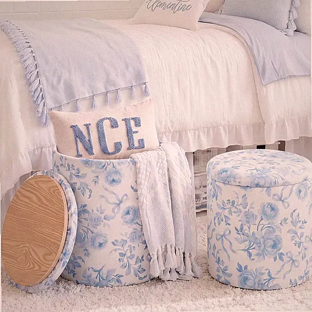Blue Floral Storage Ottoman Set - 2 Pcs Vanity Stool for Dorm & Living Room