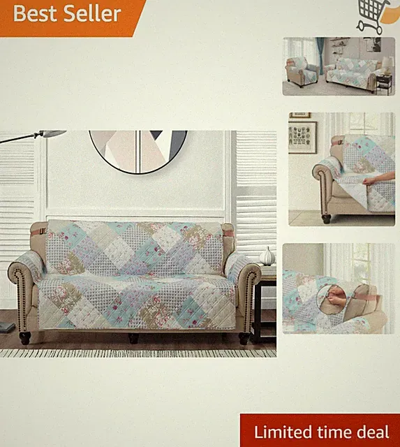 Blue Green Patchwork Couch Cover Slipcover 70in Fits Large Sofas Protects Fur...