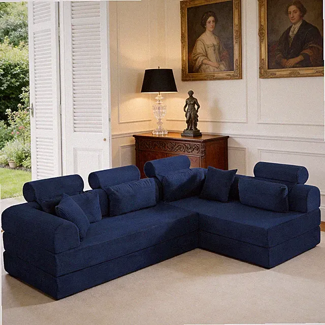 Blue L-Shape Corduroy Sectional Sofa Bed, Modular Convertible Sleeper