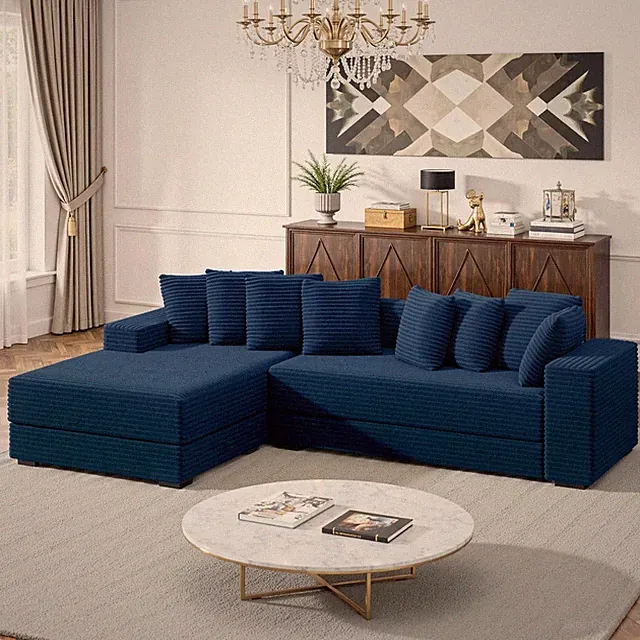 Blue L-Shaped Cloud Couch with Chaise & 8 Pillows - Left Facing