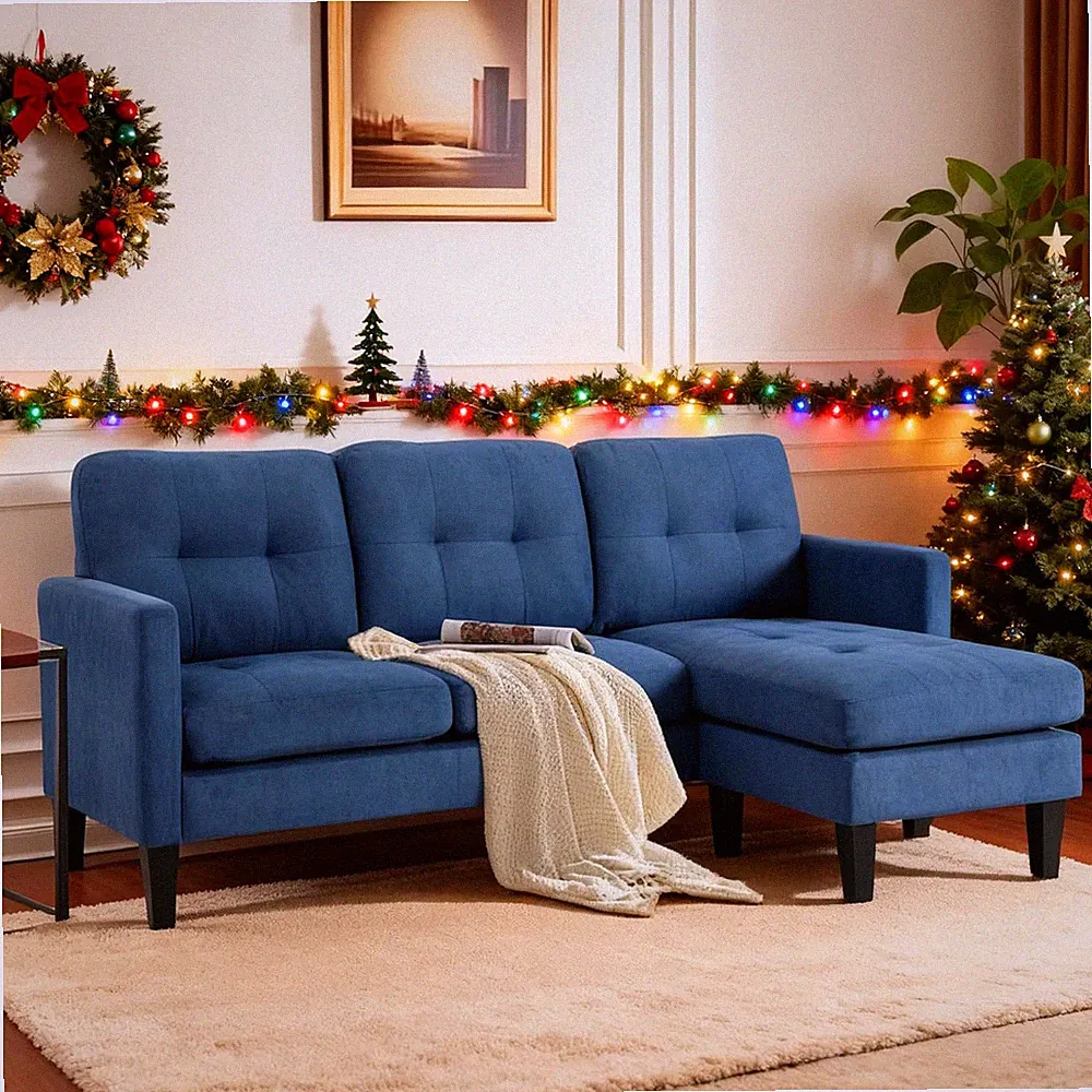 Blue L-Shaped Convertible Sofa with Reversible Chaise for Small Spaces