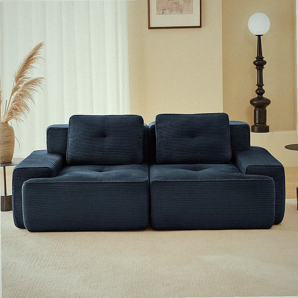 Blue L-Shaped Corduroy Sectional 2-Seater Sofa With Deep Seat