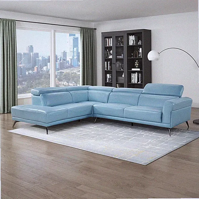 Blue L-Shaped Sectional Couch with Adjustable Headrests and Chrome Legs