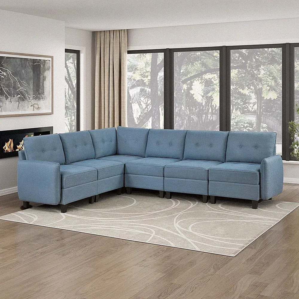 Blue L-Shaped Sectional Couch with Hidden Storage and Reversible Back Cushions