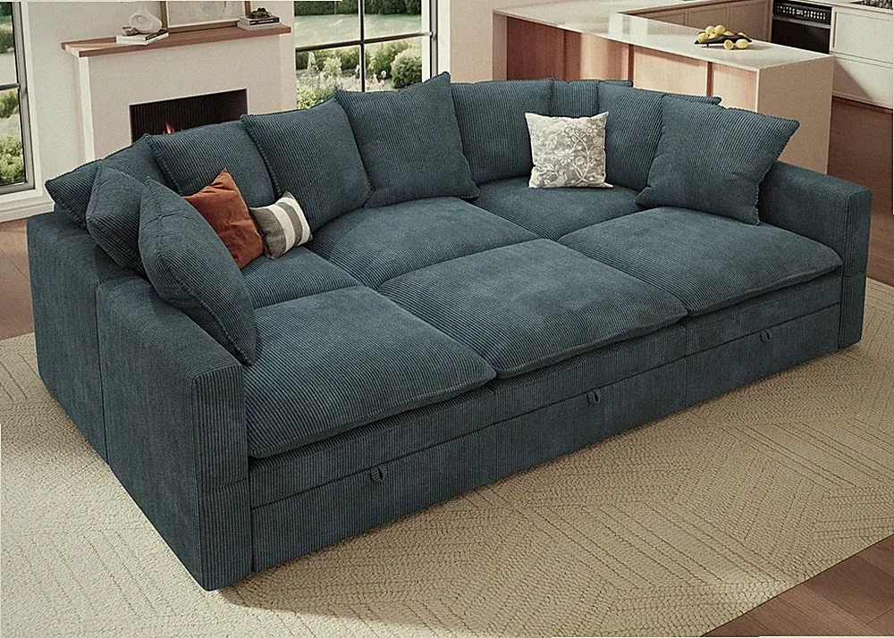 Blue Modular Sectional Sleeper Sofa with Storage - 6 Seater Couch