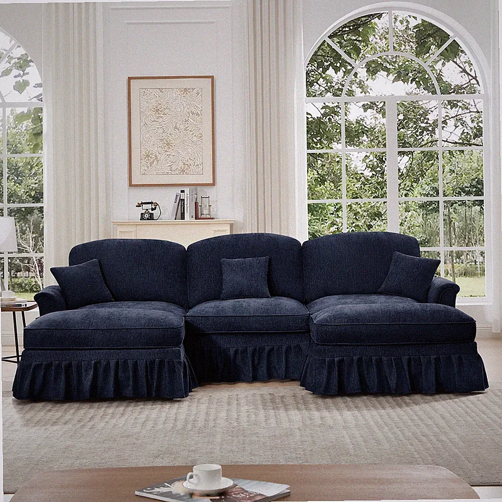 Blue Modular U-Shape Sectional Sofa, Chenille, Removable Ruffles, 3-Seat
