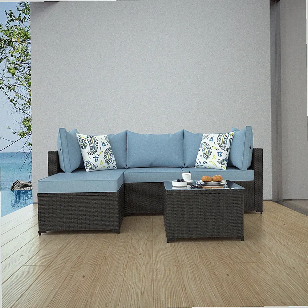 Blue Patio Furniture Set Outdoor Sectional Sofa with Table Rattan Wicker Couch