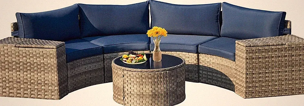 Blue -Piece Curved Wicker Rattan Outdoor Patio Sectional | Half-Moon Conversatio