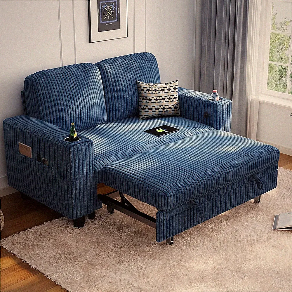 Blue Pull Out Loveseat Sofa - Plush Sleeper Sectional for Living Room & Bedroom