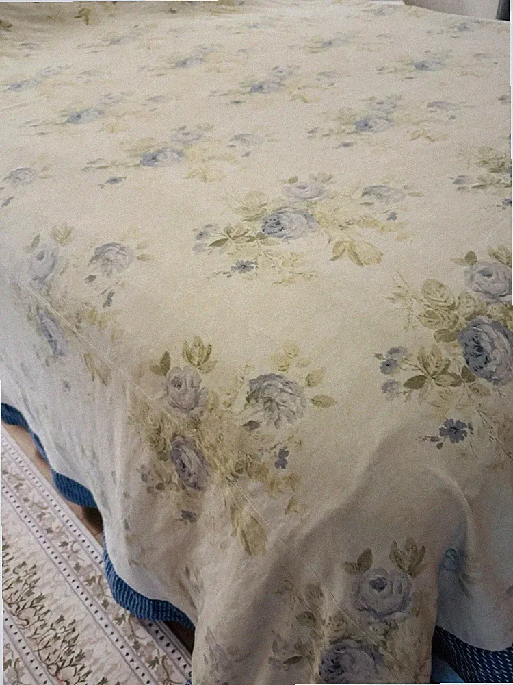 BLUE ROSES French Country Upholstery Textile Handmade King Coverlet Bedspread
