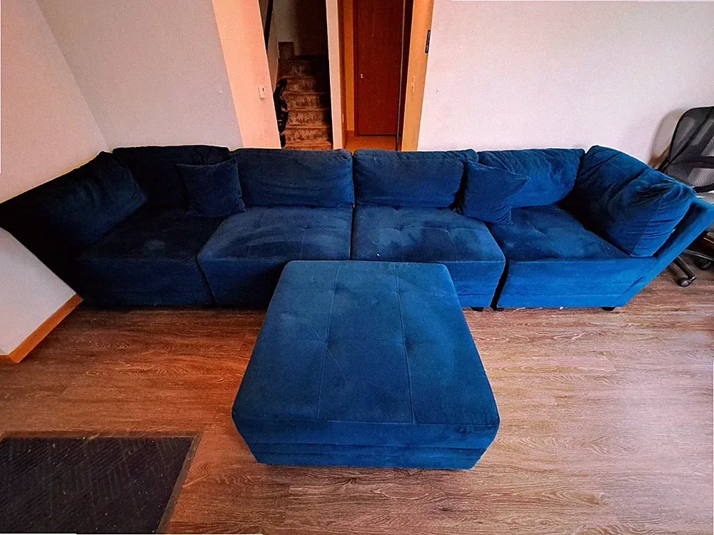 Blue Sectional Sofa with Ottoman – Good Condition – AS IS