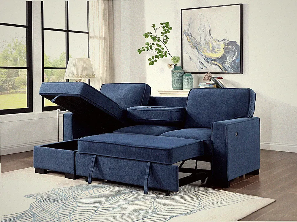 BLUE SOFA STORAGE CHAISE CONSOLE SLEEPER SOFA BED SECTIONAL LIVINGROOM FURNITURE