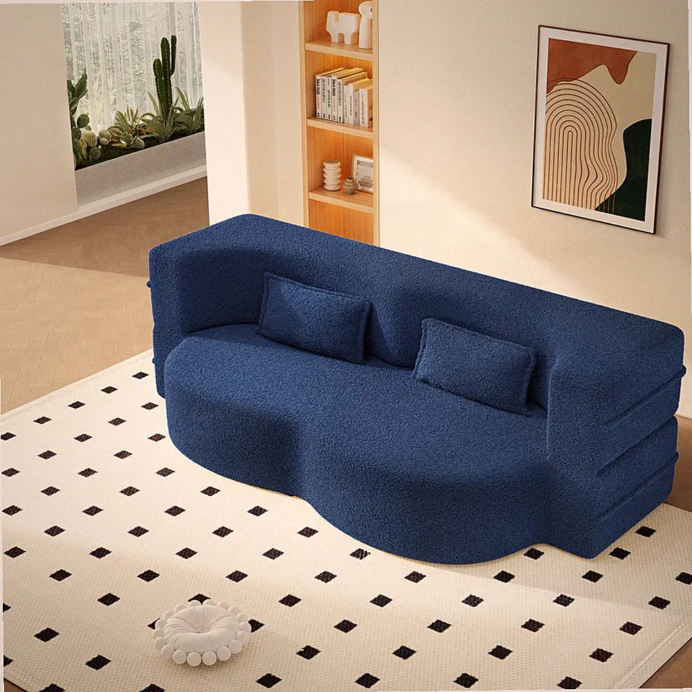 Blue Teddy Fabric Folding Sofa Bed Twin Size Floor Couch with 2 Pillows