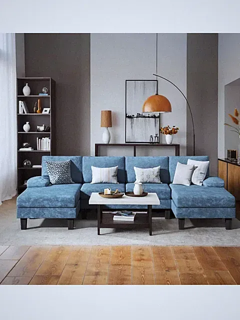 Blue U-Shaped Modular Sectional Sofa With Adjustable Backrest And Sleeper