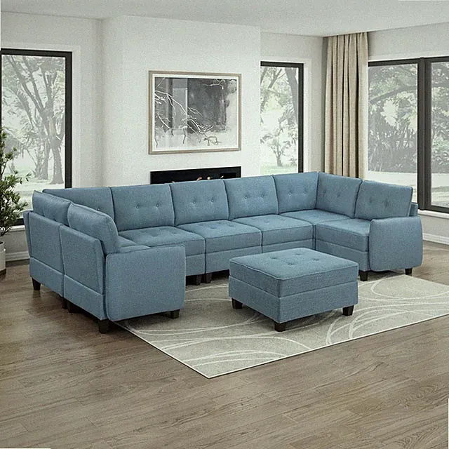 Blue U-Shaped Sectional Sofa with Ottoman, Storage & Reversible Cushions