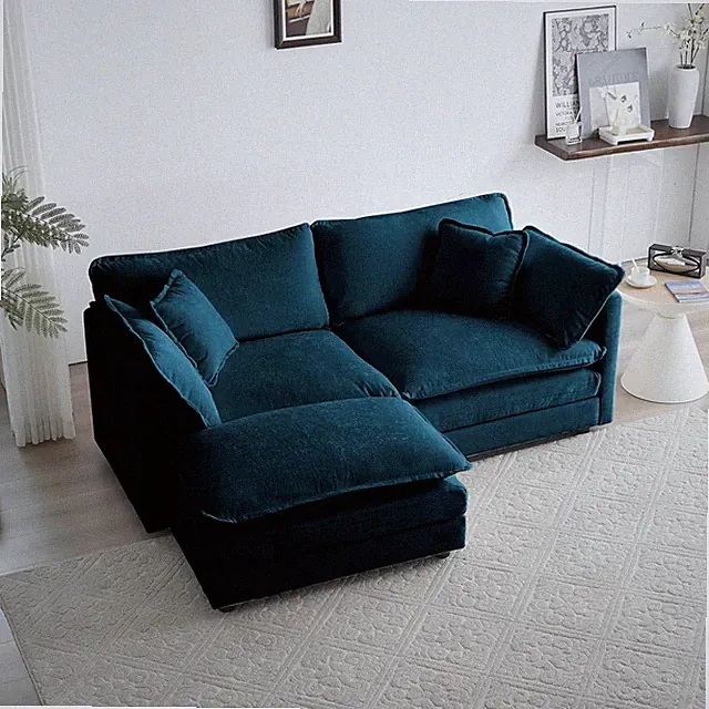 Blue Upholstered Loveseat Sofa with Ottoman - Oversized L-Shaped Couch