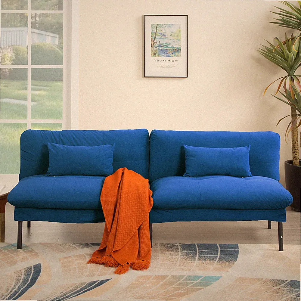Blue Velvet Futon Sofa Bed Twin Split Back 5 Position Adjustable Sleeper Couch