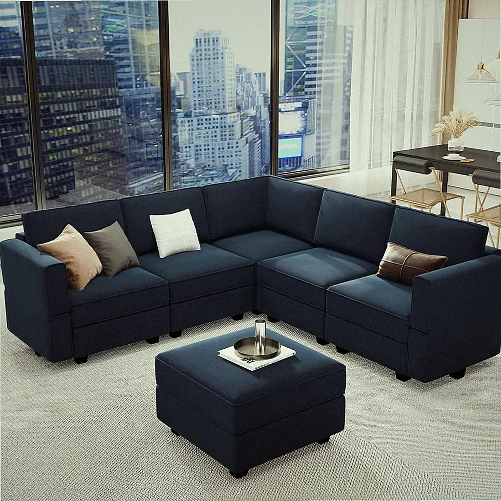 Blue Velvet L-Shaped Modular Sectional Sofa with Storage & Chaise