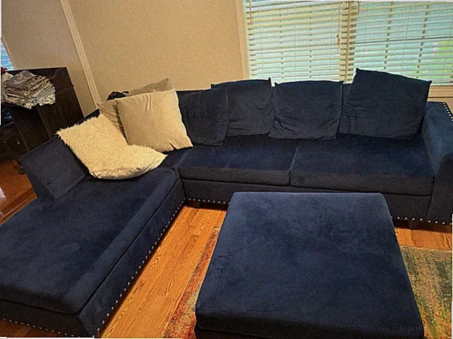 Blue Velvet L-Shaped Sectional Sofa w/ Chaise, Nailhead Trim, Ottoman