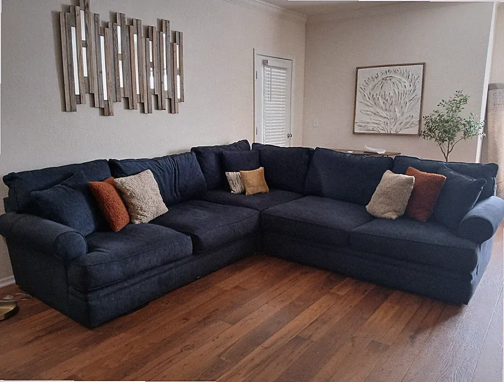 Blue Woven Fabric L-Shaped Sectional Sofa, Rolled Arms, Cushions, Seats 5