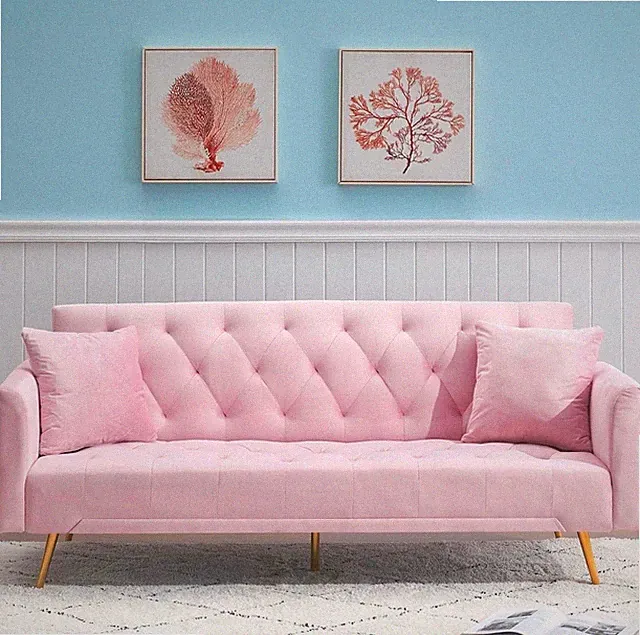 Blush Pink Convertible Futon Couch – Velvet Memory Foam Sleeper with Tufted Back