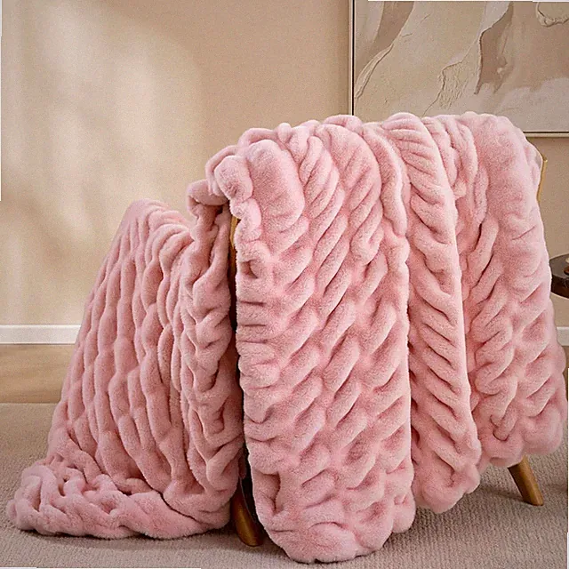 Blush Pink Throw Blanket for Couch – Luxury Faux Rabbit Fur Blanket, Ultra Soft